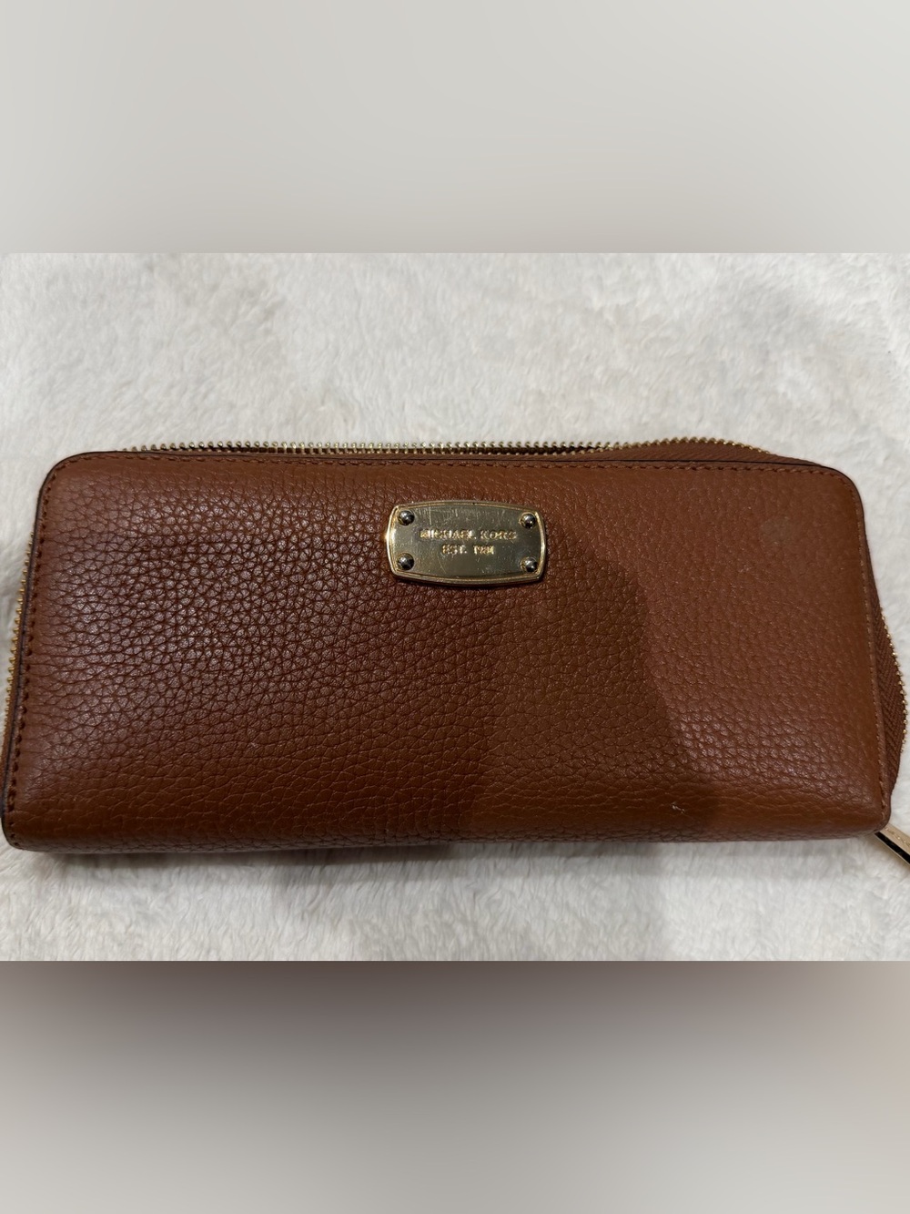 Michael Kors Brown Pebbled Leather Zip-Around Wallet with Gold Plate